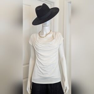 Grace White Pearl Draped-Neck Short Sleeve Top in White Doble Layer Medium